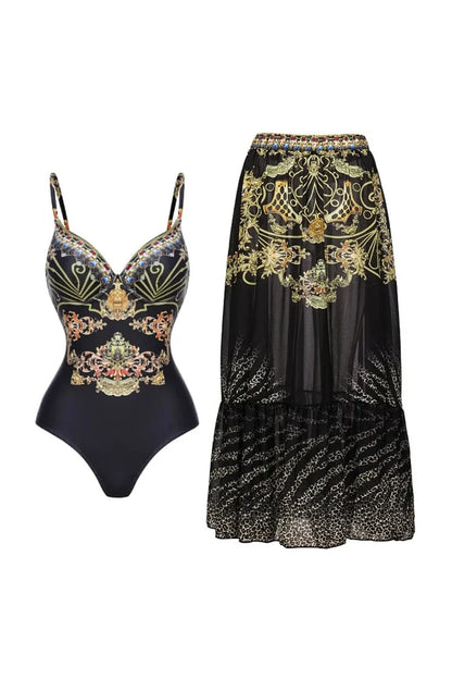 Traje de baño de una pieza con tiras y estampado dorado y negro