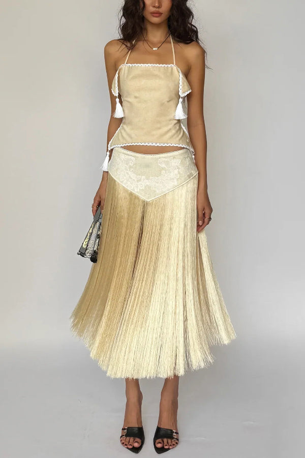 Fashionable Lace Appliqué Tassel Hem Vacation Maxi Skirt