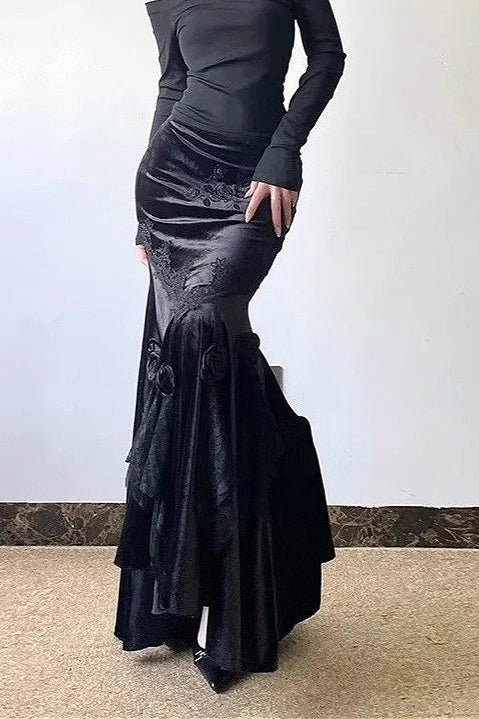 Gothic Embroidered Black Velvet Mermaid Skirt