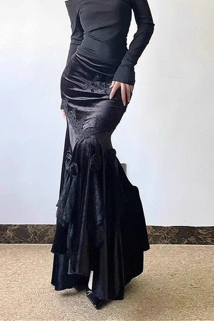 Gothic Embroidered Black Velvet Mermaid Skirt