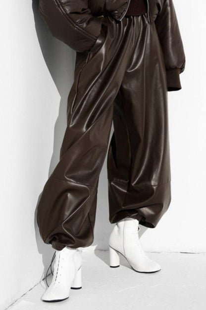 Drawstring PU Harem Loose Tapered Casual Winter Pants