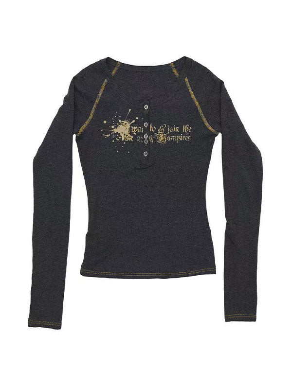 Vintage Print V Neck Breasted Long Sleeve Tee