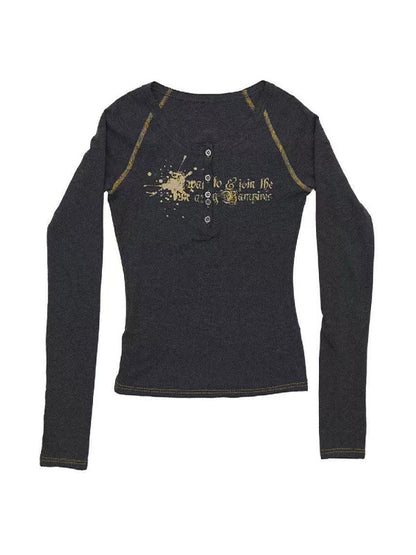 Vintage Print V Neck Breasted Long Sleeve Tee