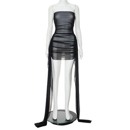 Mesh Ribbon Pleated Dress for Women