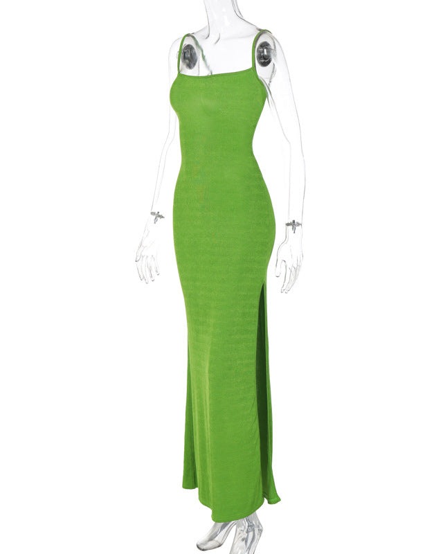 Hollow Back Strappy Hip-Covering Slit Suspender Dress