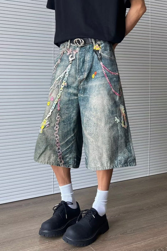 Retro Plus Size Chain Print Wide Leg Denim Shorts