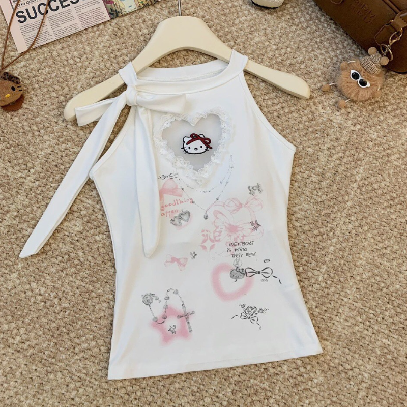 Self tie ruffle " hello kitty " pattern top  | Festival Outfits Women