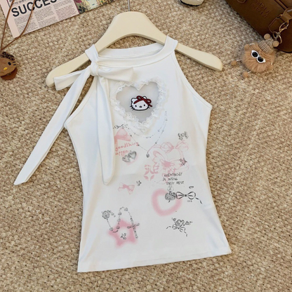Self tie ruffle " hello kitty " pattern top  | Festival Outfits Women