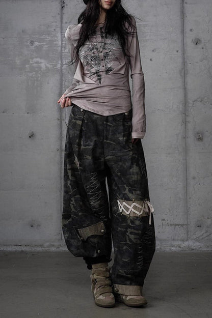 Gothic Fur Rivet Print Vintage Long Sleeve T-shirt