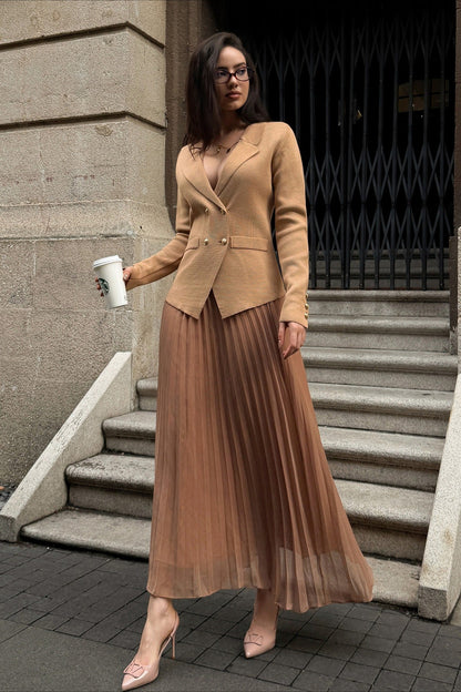 V Neck Double Breasted Knit Blazer Pleated Skirt Set