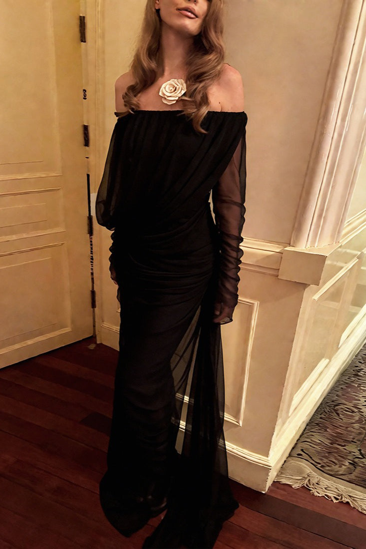 Solid Mesh Sheer Off Shoulder Ruched Elegant Maxi Dress