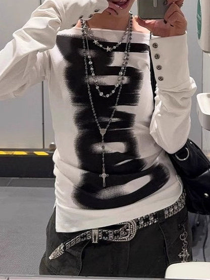 Virtual Print Off Shoulder Slim Fit Rivet T-shirt