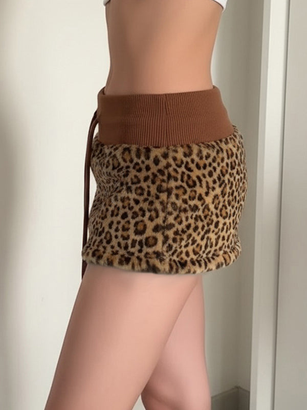 Leopard-Print Fur Patchwork Mini Skirt