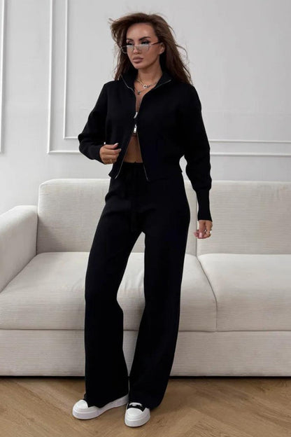 Long Sleeve Zippered Cardigan Knit Set