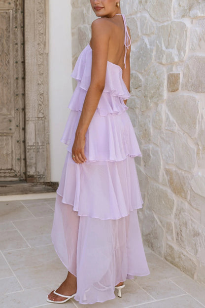 Solid Color Chiffon Halter Neck Elegant Ruffle Maxi Dress