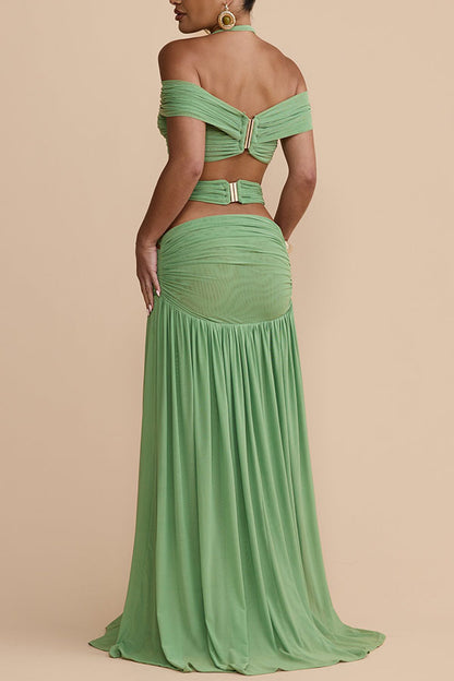 Green Off Shoulder Halter Ruched Two Piece Maxi Skirt Set Sexy Cut Out Resort Dress