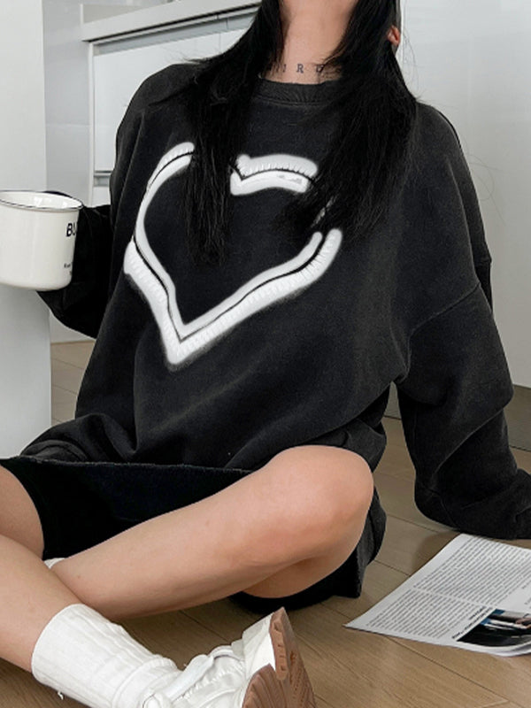 Distressed Heart Print Crew Neck Sweatshirt