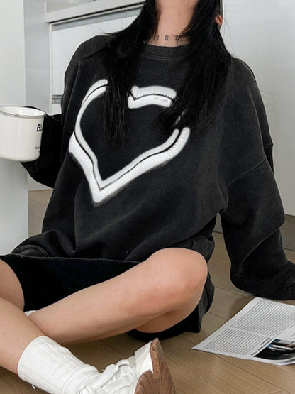 Distressed Heart Print Crew Neck Sweatshirt