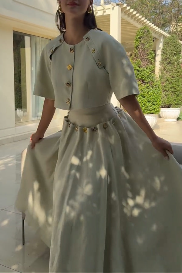 Custom Look Linen Blend Unique Metal Pattern Buttons Slit Half Sleeve Crop Jacket