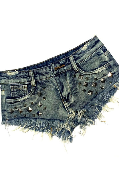 Punk Studded Distressed Low-Rise Denim Shorts