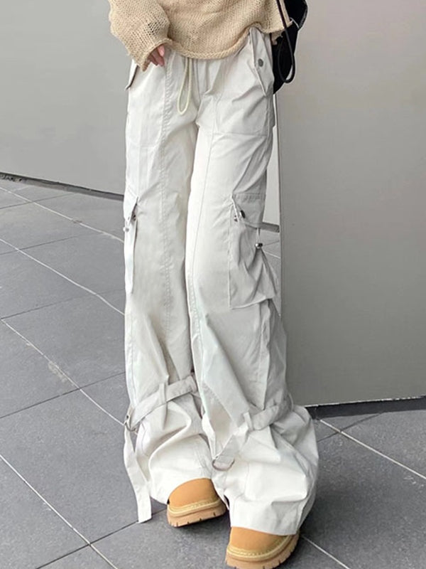 Vintage Big Pocket Drawstring Buckle Design Cargo Pants