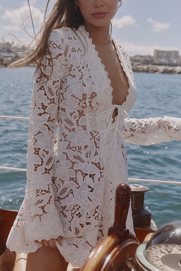 Bianca Lace Floral Pattern Lace Trim Tie-up V-neck Long Sleeve Mini Dress