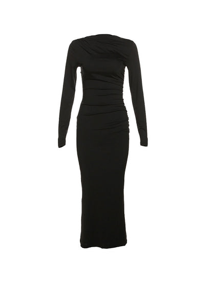 Solid Ruched Long Sleeve Maxi Dress