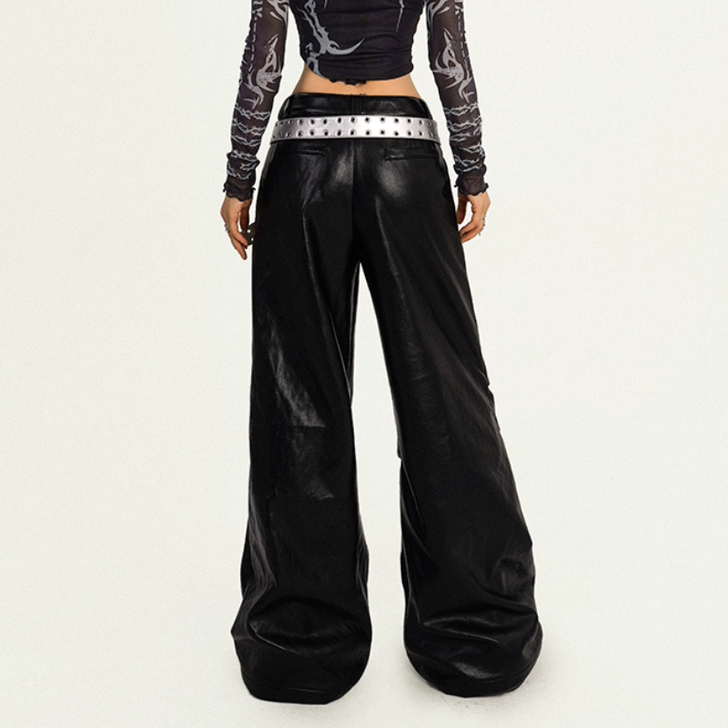 Hollow out PU leather button wide leg pant  | Festival Outfits Women