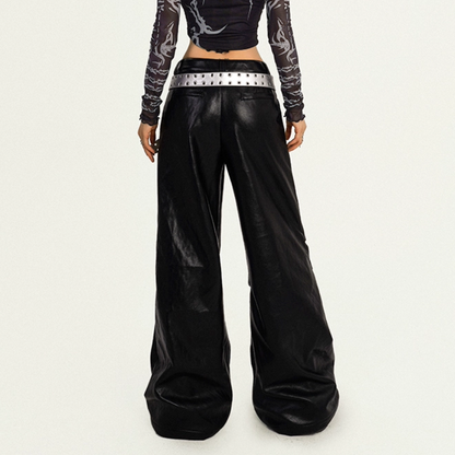 Hollow out PU leather button wide leg pant  | Festival Outfits Women