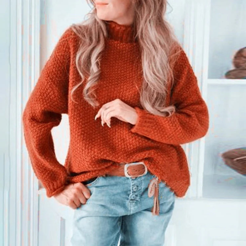 Elegante jersey liso de cachemira con cuello alto para mujer | Ideal para otoño/invierno