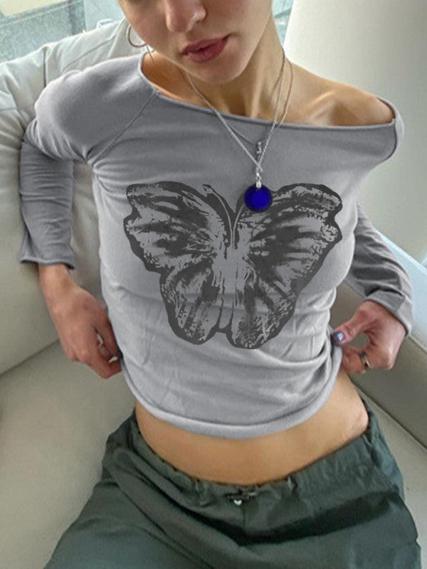 Vintage Butterfly Print Slanted Shoulder Long Sleeve Tee