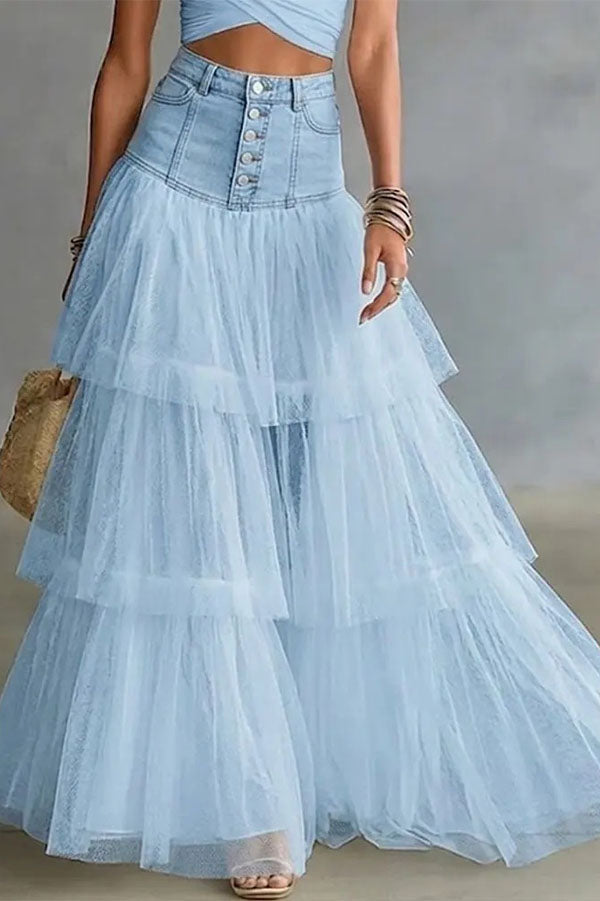 Y2K Fairycore Denim Corset Waist Tulle Maxi Skirt