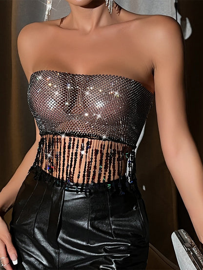See Through Rhinestone Tassel Hem Bandeau Top