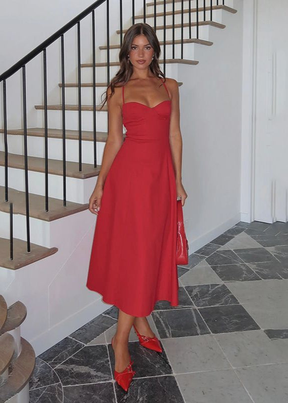 Crimson Lace-Up – Strappy Back Midi Dress with Sweetheart Neckline