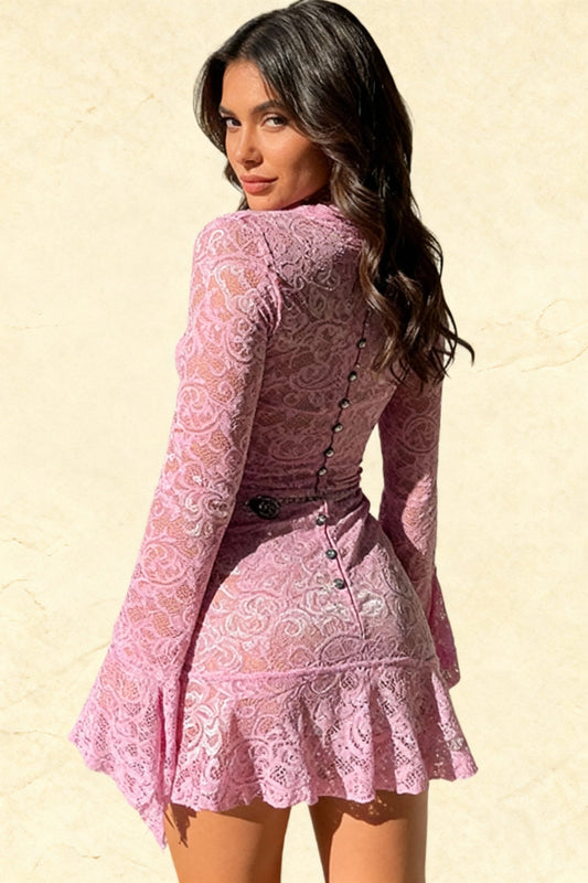 V Neck Flares Sleeve Lace Dress