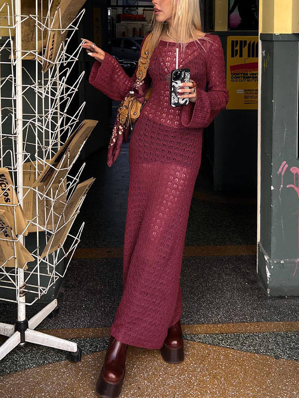 Crochet Hollow Backless Long Sleeve Cover Up Maxi Dress