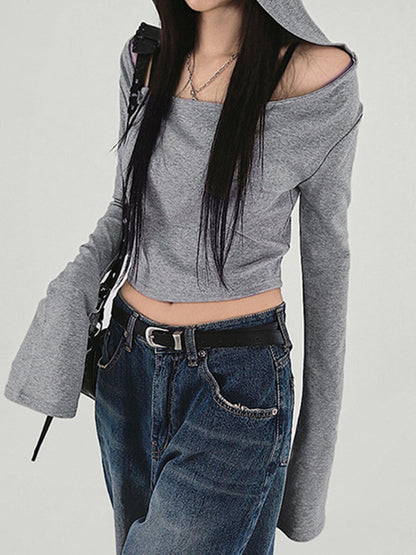 Off Shoulder Hooded Long Sleeve Tee