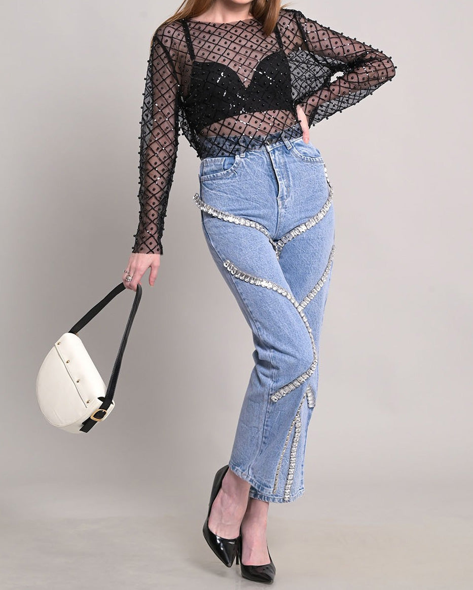High-Waisted Rhinestone Paneled Straight-Leg Casual Jeans