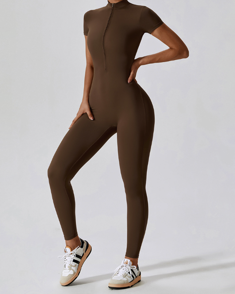 Zippered Short-Sleeved Slim-Fit Jumpsuit