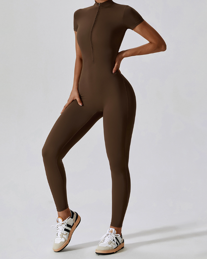 Zippered Short-Sleeved Slim-Fit Jumpsuit