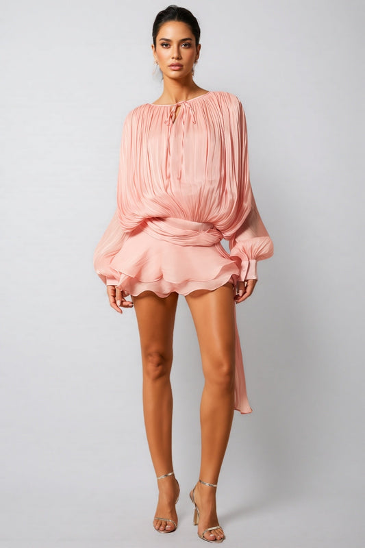 Niavia Pink Pleated Ruffle Hem Mini Dress