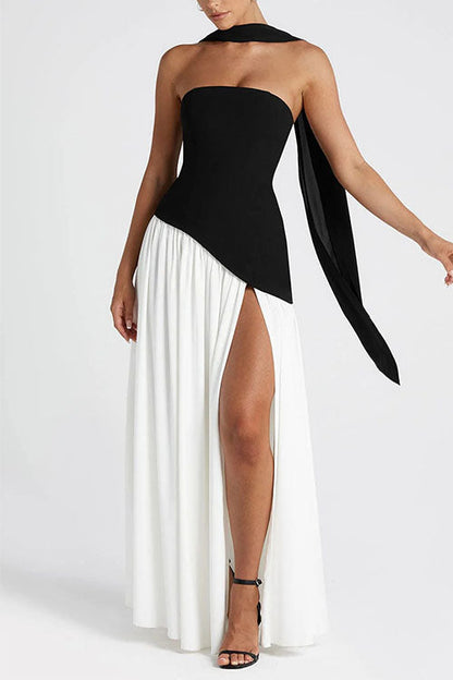  Strapless Back Lace-up High Slit Splice Maxi Dress