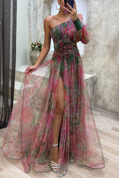 Elegant and beautiful chiffon floral pleated single shoulder sleeve slit long skirt for family
