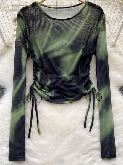 Cyber Tie Dye Drawstring Slim Long Sleeve Mesh Top