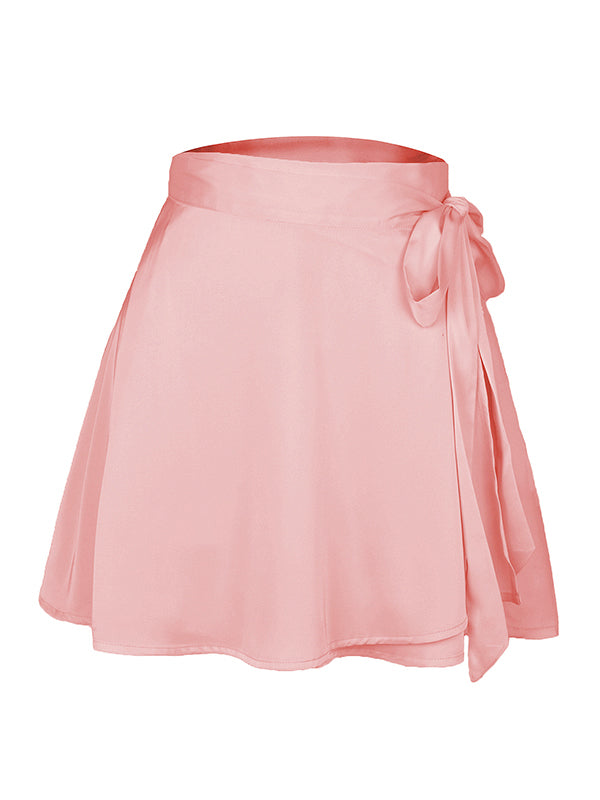 Solid Chiffon Satin Tie Up Mini Skirt
