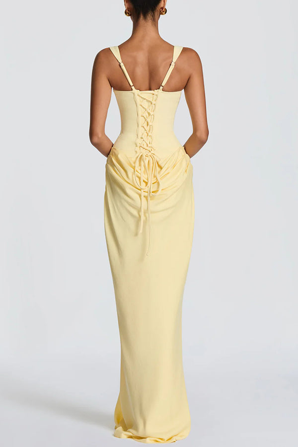 Larrah Square Neck Back Lace-up Satin Drape Hem Maxi Dress