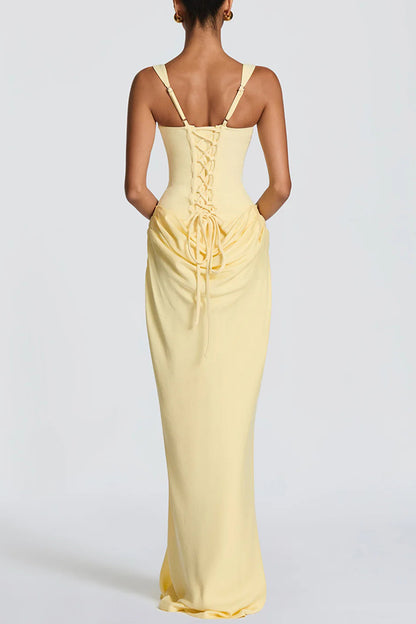 Larrah Square Neck Back Lace-up Satin Drape Hem Maxi Dress