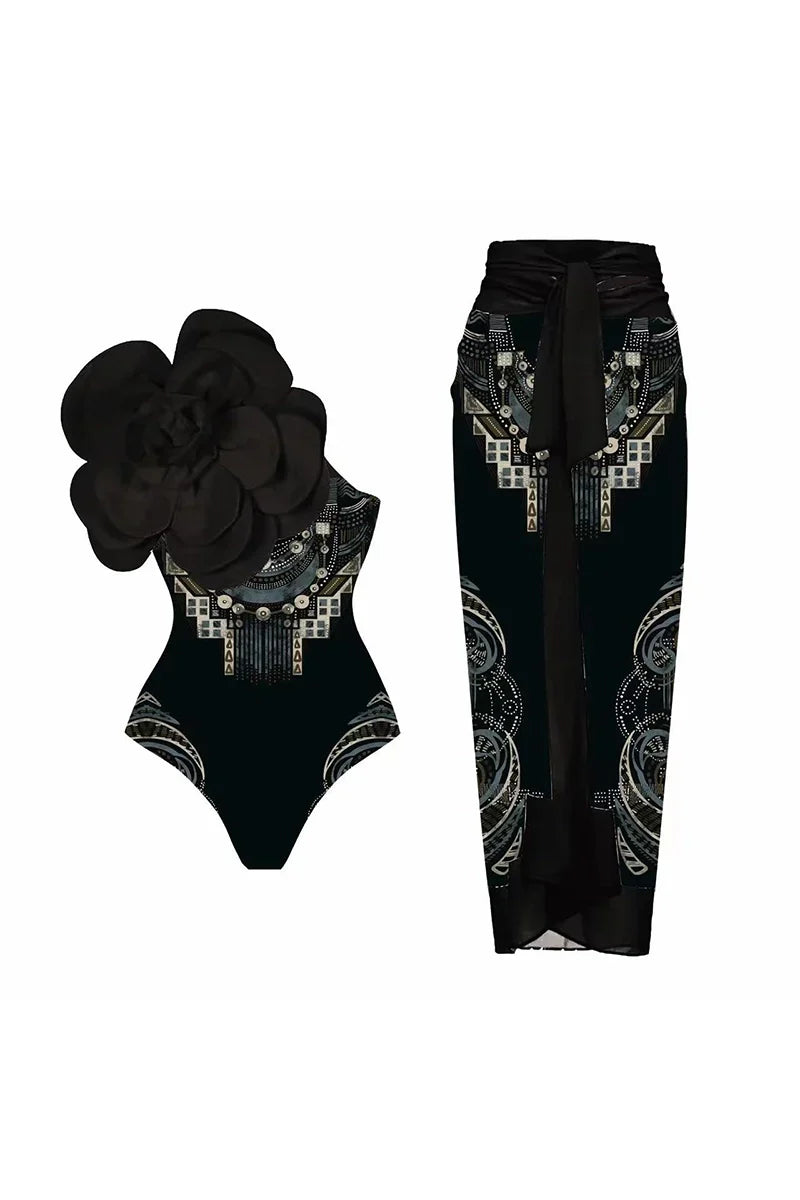 Traje de baño de una pieza con estampado floral y flor negra 3D
