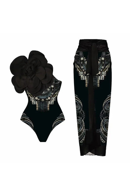 Traje de baño de una pieza con estampado floral y flor negra 3D