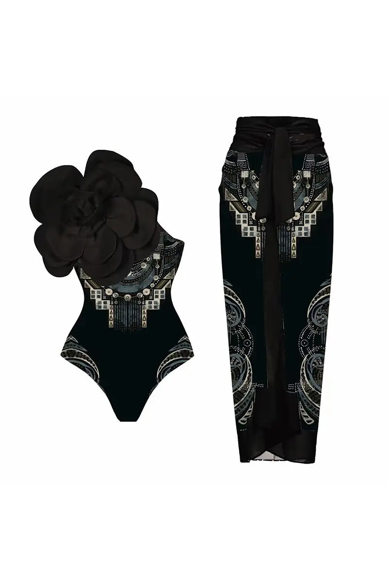 3D Black Floral Bust Decor Printed Swimsuit